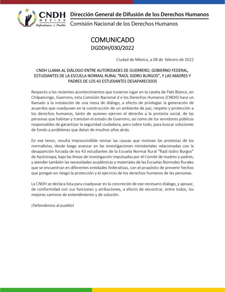 Convoca CNDH a mesa de diálogo entre gobierno y normalistas de Ayotzinapa