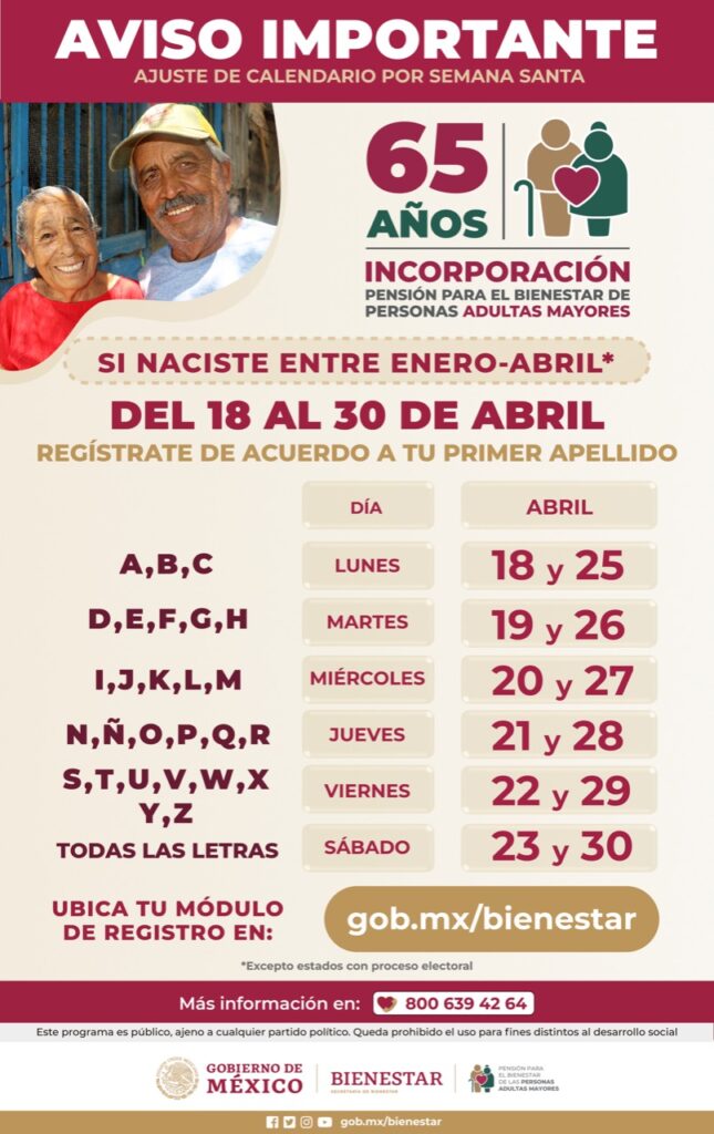 El 18 de abril inicia incorporación a pensión para el bienestar de las personas adultas mayores
