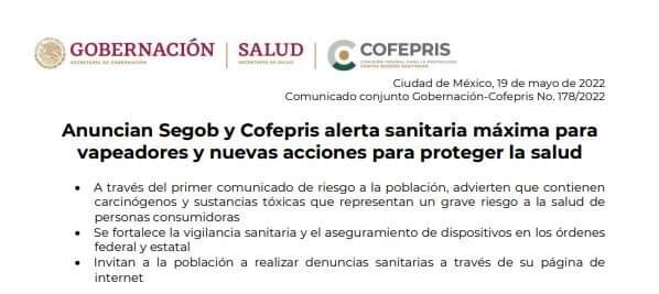 Nueva alerta sanitaria de Cofepris por el uso de cigarros electrónicos