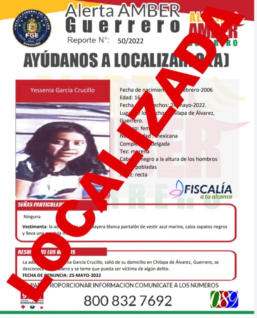 Localizan a una menor desaparecida en Chilapa