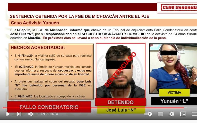 Dan 100 años de cárcel a homicida de la activista Yunuén López