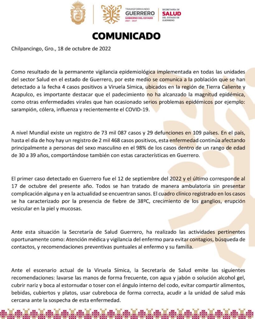 Salud estatal: Guerrero suma ya cuatro casos confirmados de Viruela del Mono