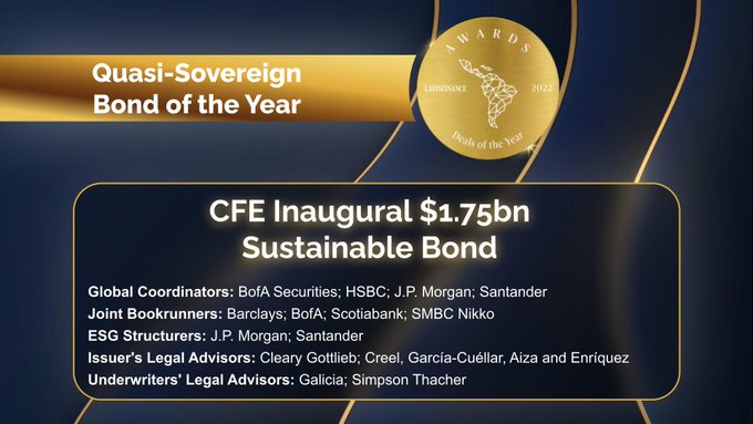 La CFE recibe el premio al bono sustentable cuasi-soberano 2022 que otorga Latinfinance