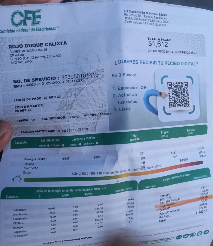 Denuncian altos cobros de CFE a una adulto mayor de Atoyac