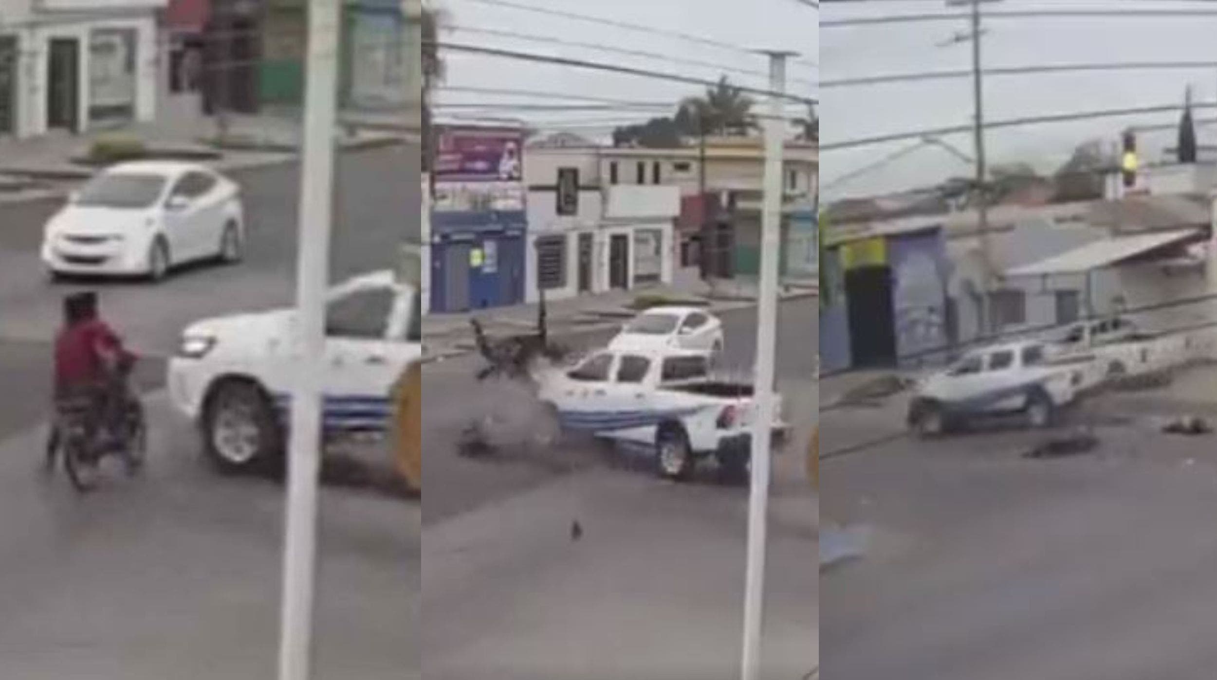 Motociclistas se pasan el alto y vuelan por los aires tras chocar contra camioneta en Sonora