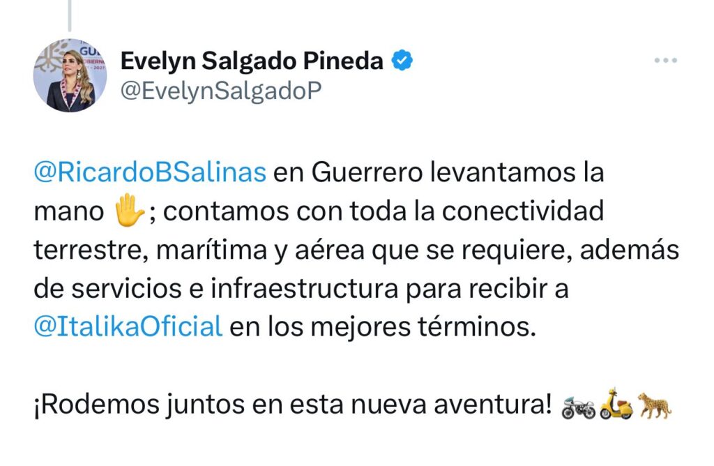 Evelyn Salgado Pineda ofrece a Guerrero para que construyan una planta de Italika