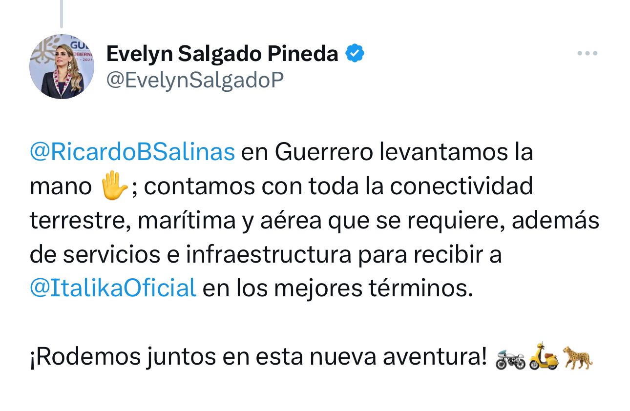 Evelyn Salgado Pineda ofrece a Guerrero para que construyan una planta de Italika