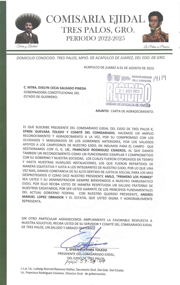Dota el gobierno de Guerrero de insumos para el campo a ejidatarios de la localidad de Tres Palos