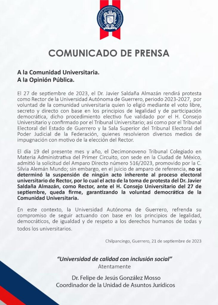 La toma de protesta de Javier Saldaña Almazán sigue firme, sostiene Rectoría