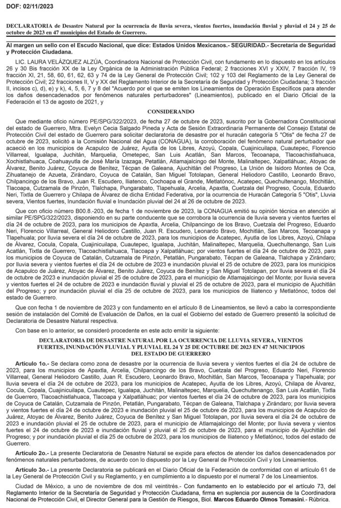 Afectados por el huracán Otis… Emite Gobierno federal declaratoria de desastre para 47 municipios de Guerrero