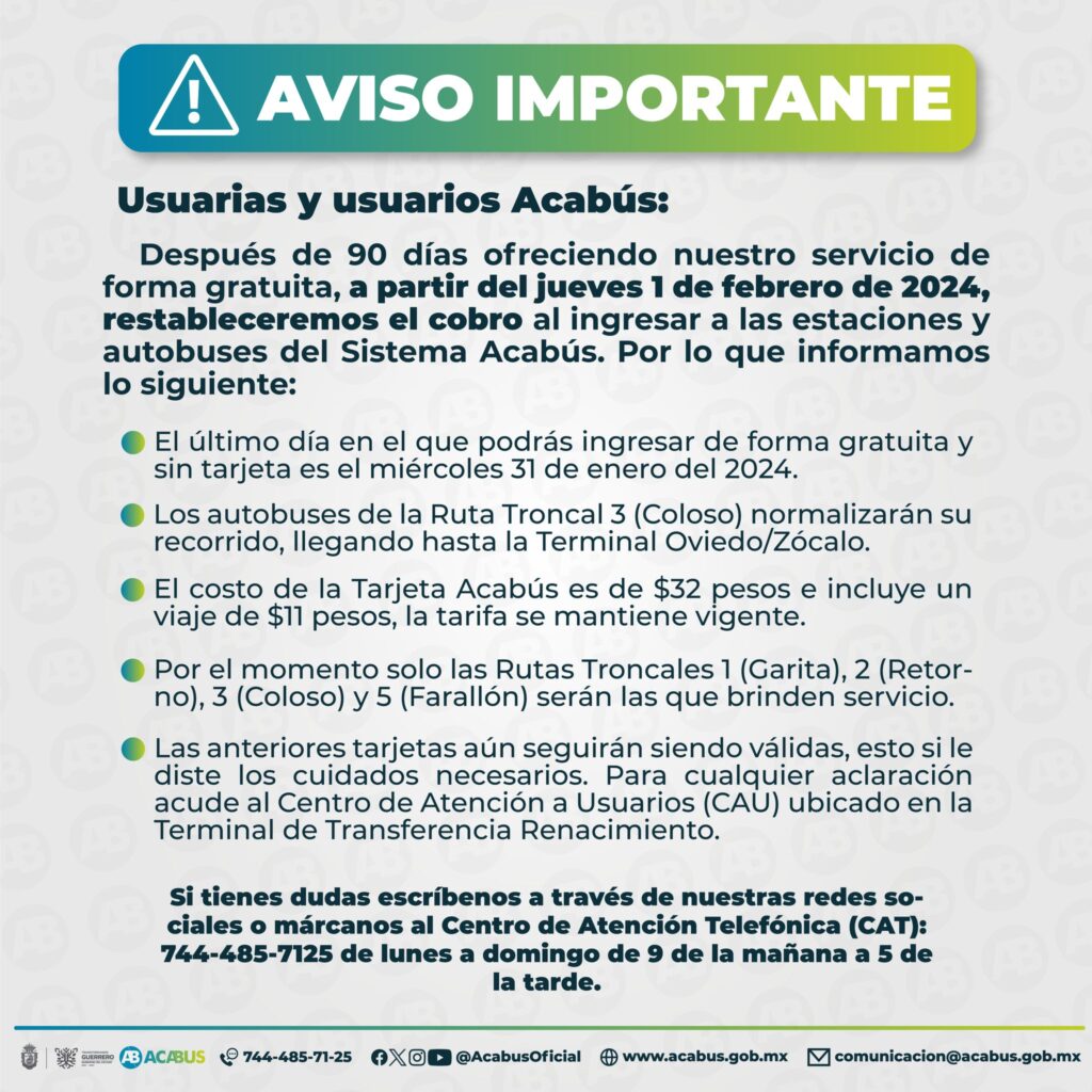 En Acapulco… Restablecerán este jueves el cobro en las estaciones y autobuses del Acabús