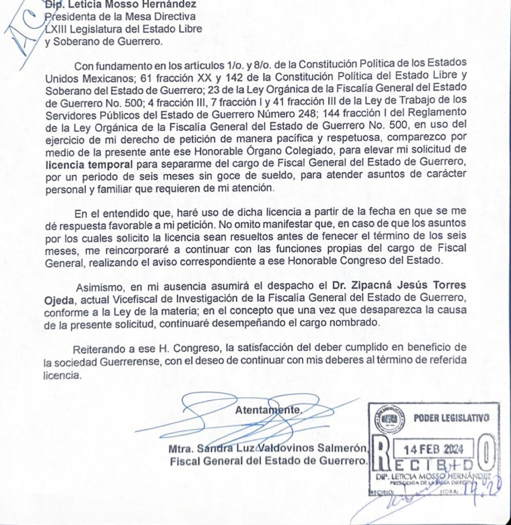 Sandra Luz Valdovinos pide licencia para dejar temporalmente la Fiscalía