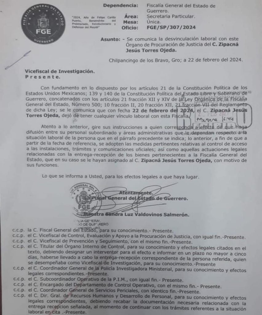 Fiscal de Guerrero destituye al vicefiscal que dejó como encargado