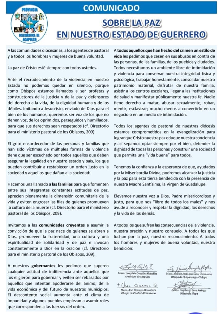 Piden obispos de Guerrero al gobierno evitar ser rebasados por el crimen