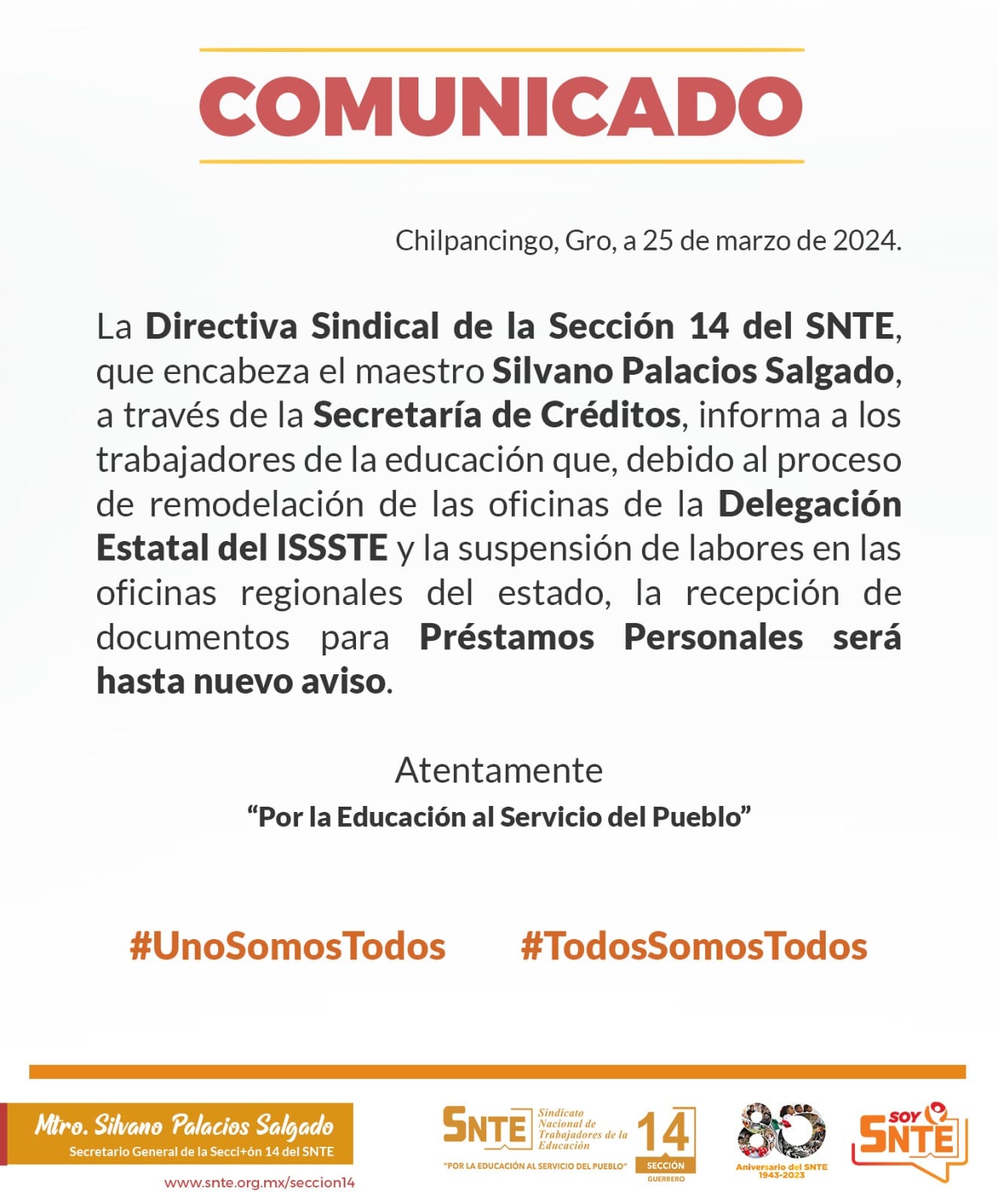 Suspendida la recepción de documentos para préstamos de los maestros: SNTE