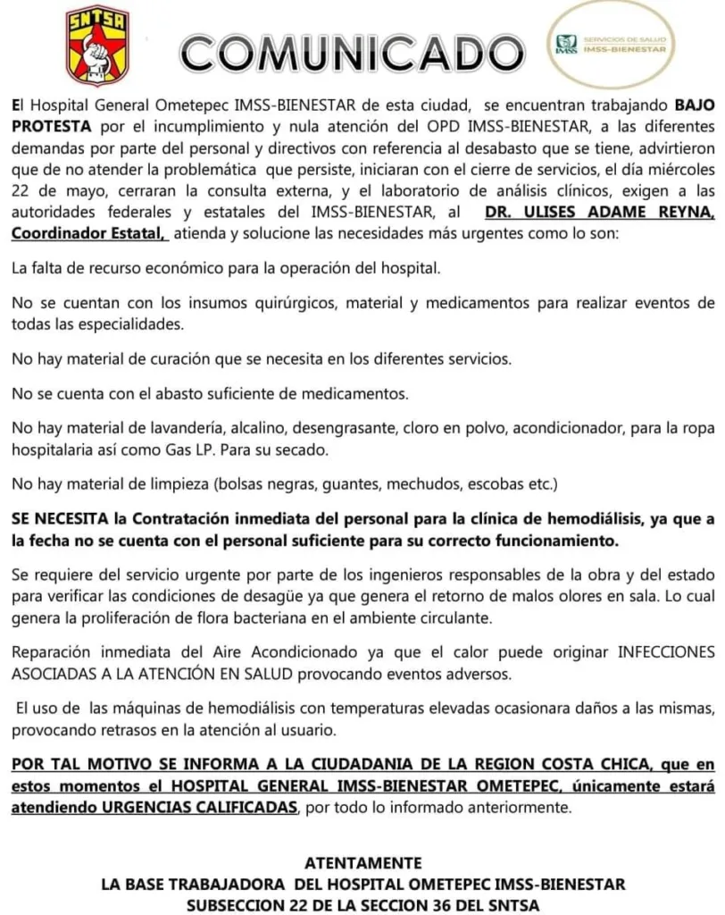 Trabajan bajo protesta en el hospital IMSS-Bienestar, en Ometepec