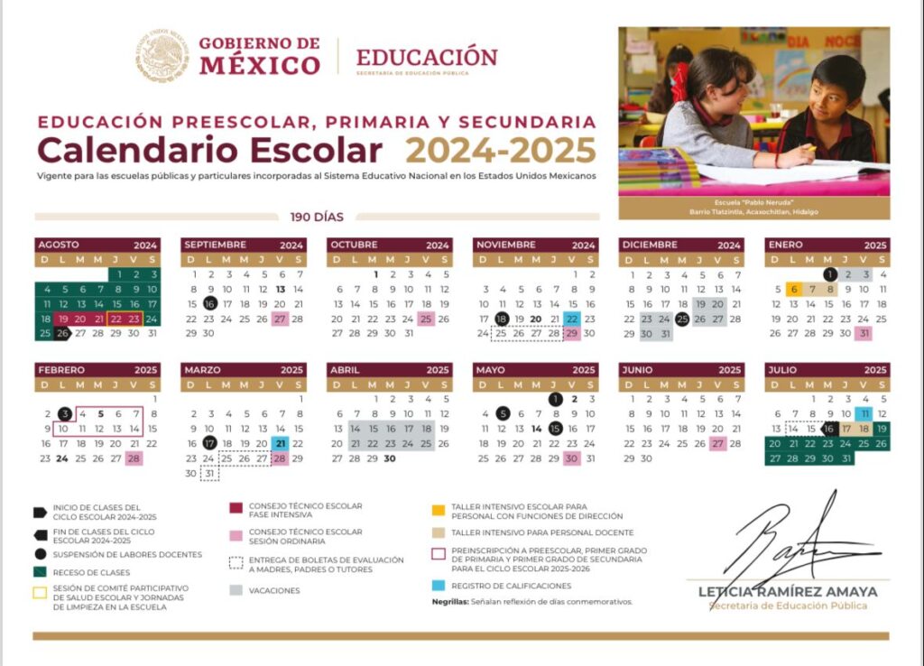 Dan a conocer el calendario escolar 2024-2025 que establece 190 días de clases para educación básica