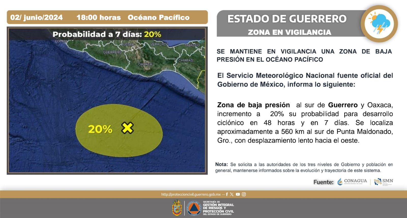 SGIRPCGRO mantiene en vigilancia zona de baja presión y onda tropical número 01