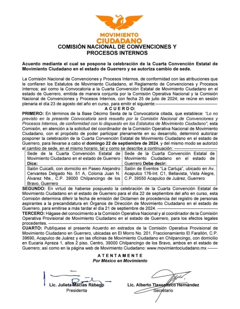 Aplazan la elección del dirigente deMovimiento Ciudadano en Guerrero