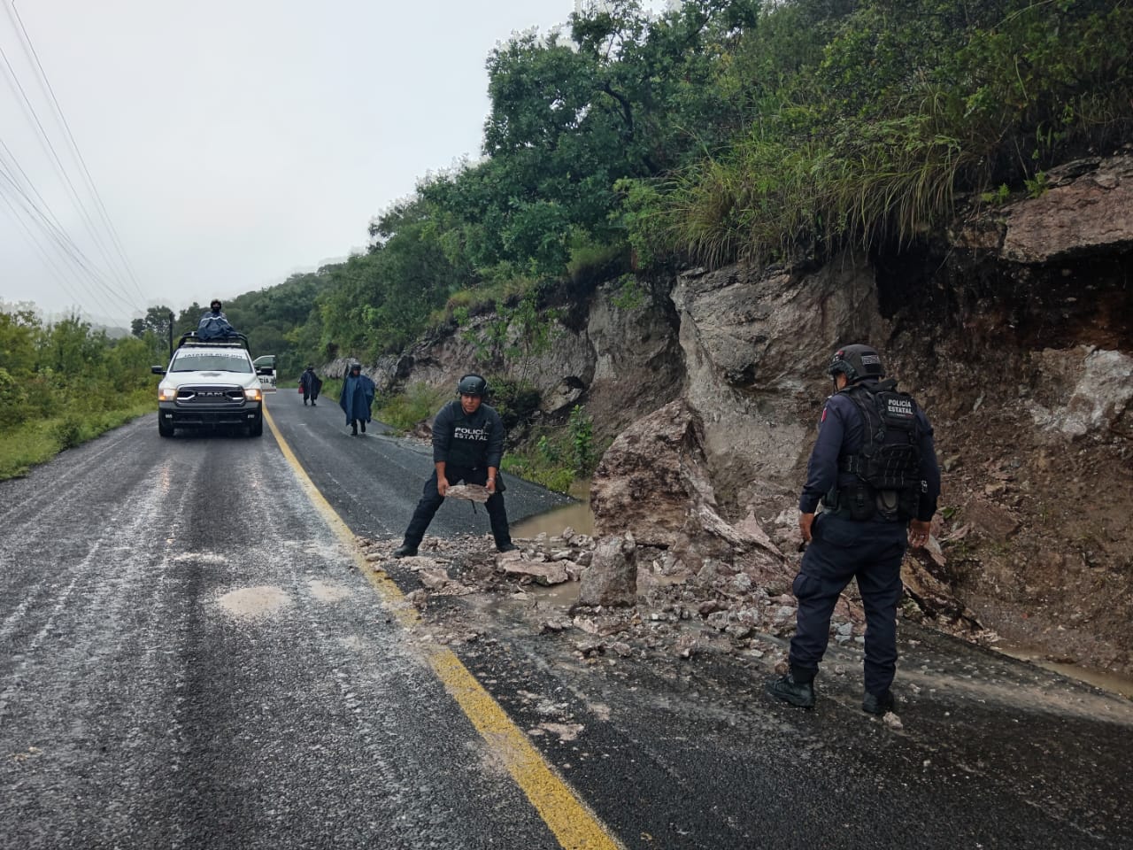 SSP Guerrero, SEDENA y GN retiran árboles caídos y piedras que obstruyen carreteras estatales