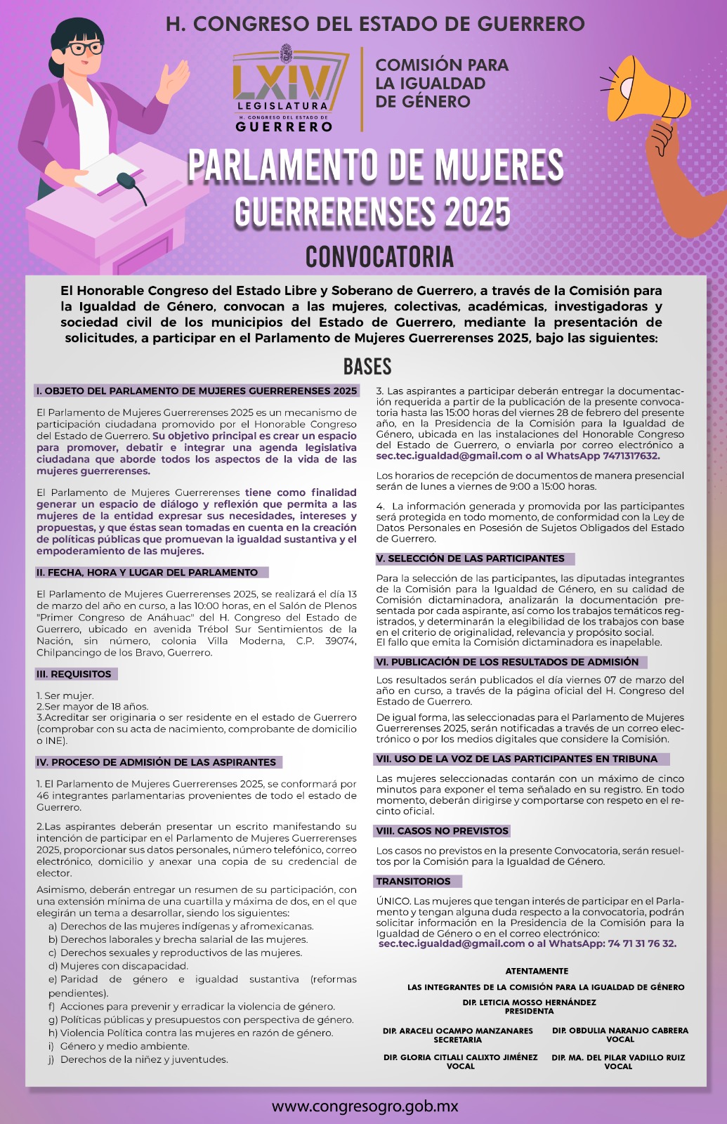 Lanza el Congreso de Guerrero convocatoria para el Parlamento de Mujeres 2025