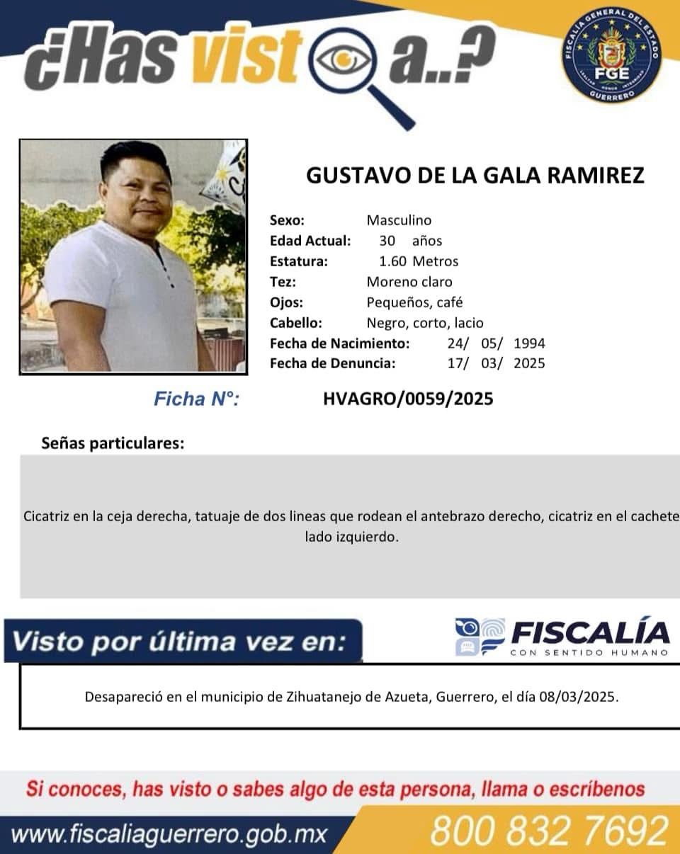 Buscan a Gustavo de la Gala Ramírez, desaparecido en Zihuatanejo