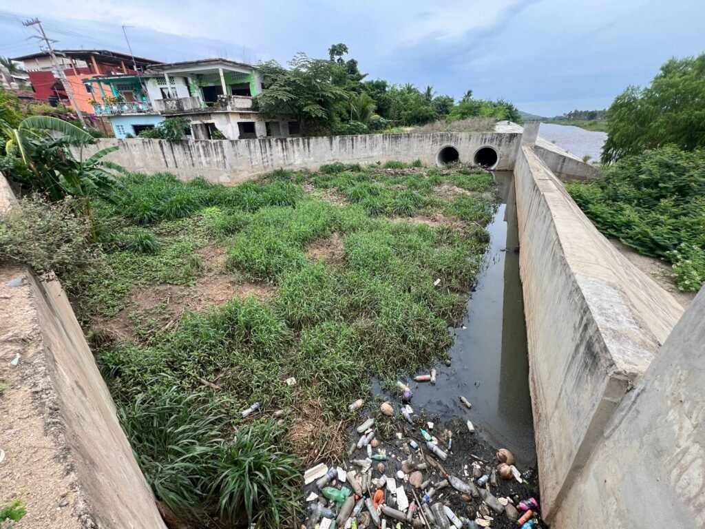 Arroyo “El Mezón” en Petatlán azolvado, con troncos y basura