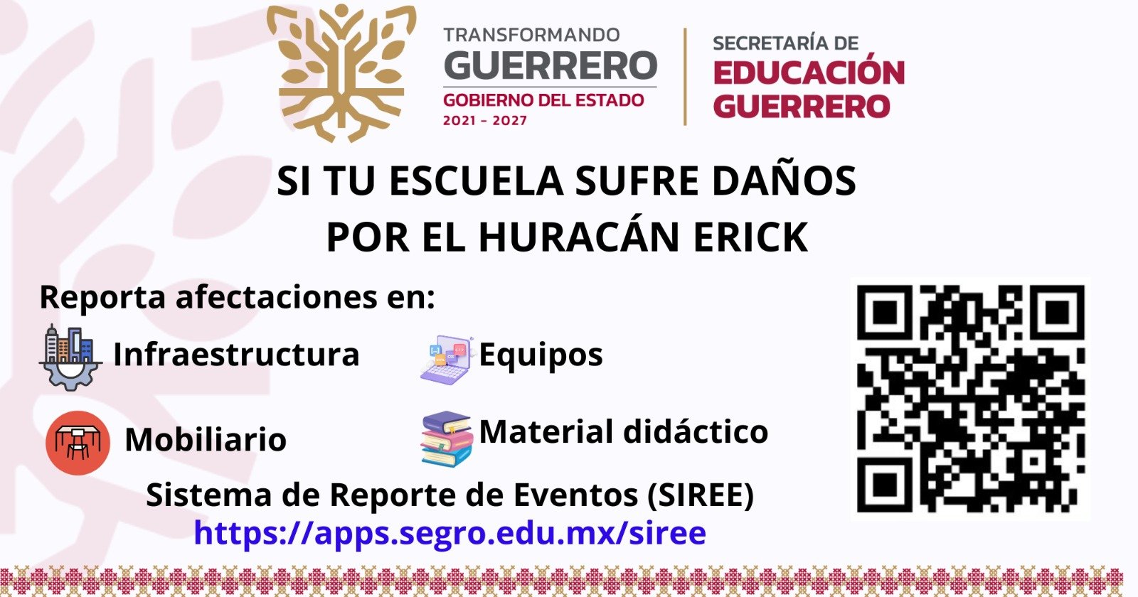 Convoca SEG a reportar daños por huracán Erick para asegurar regreso a clases