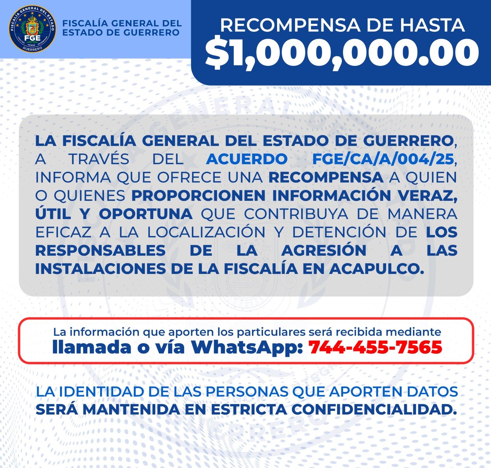 La FGE ofrece un millón de pesos de recompensa