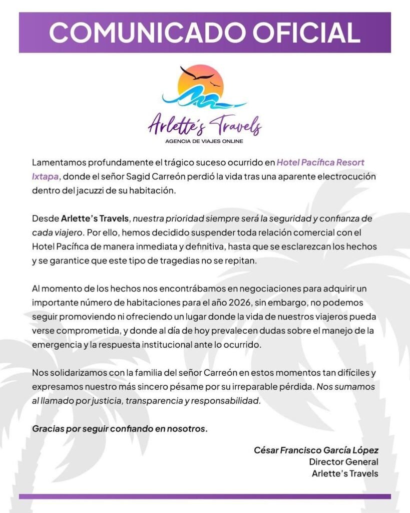 Agencia suspendió relación con Pacífica Ixtapa tras muerte de turista