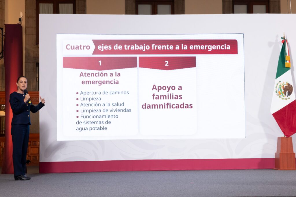 Presidenta Claudia Sheinbaum presenta cuatro ejes de trabajo frente a la emergencia por lluvias