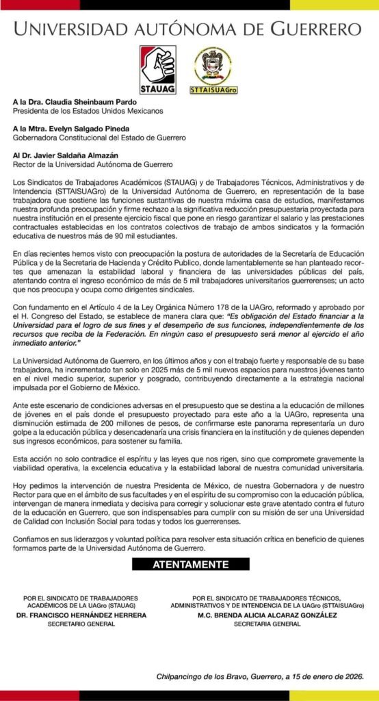 Sindicatos alertan recorte de 200 millones a la UAGro y advierten riesgo para salarios de más de 5 mil trabajadores