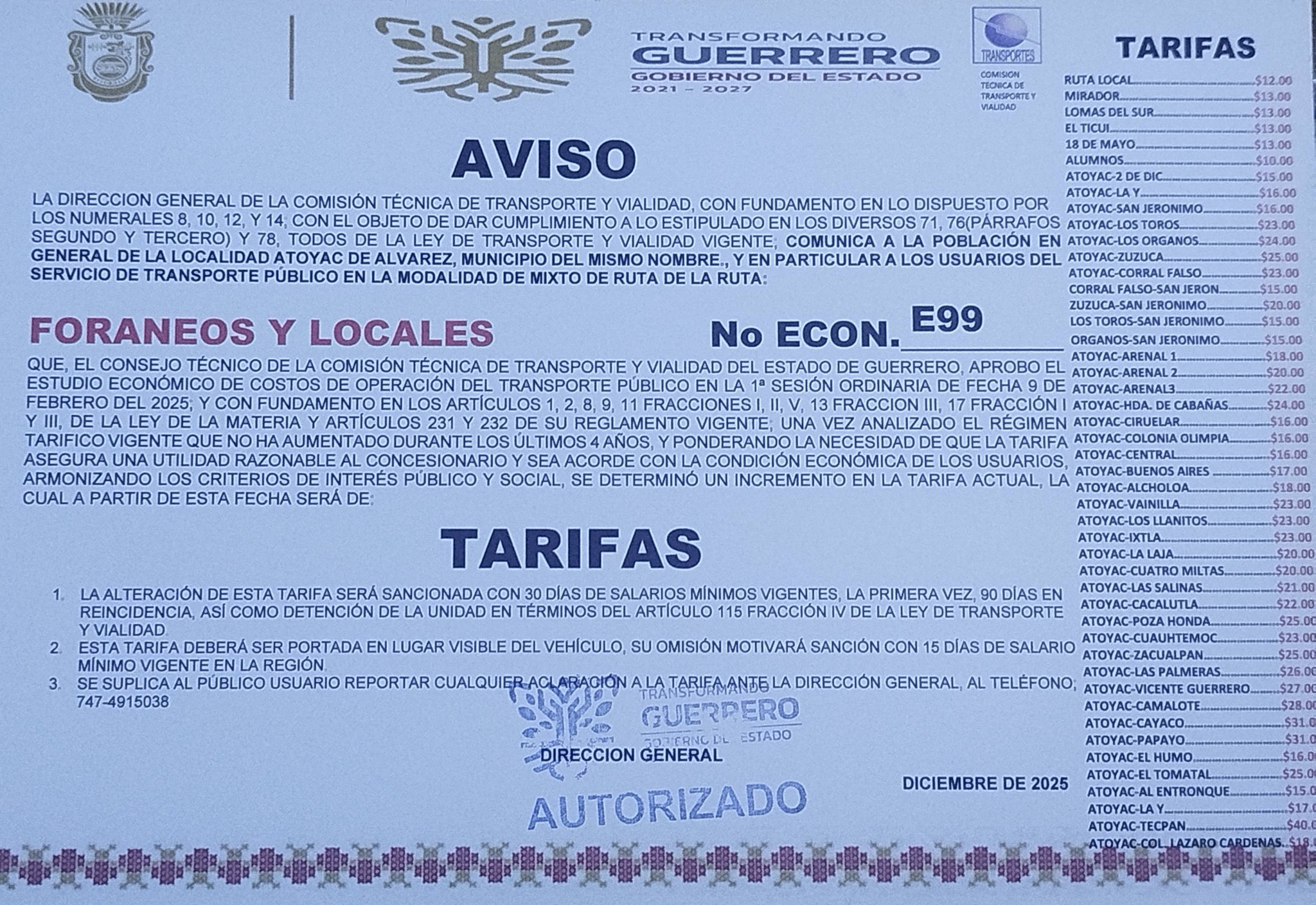 Sancionarán a choferes que no exhiban tarifas autorizadas en la Costa Grande