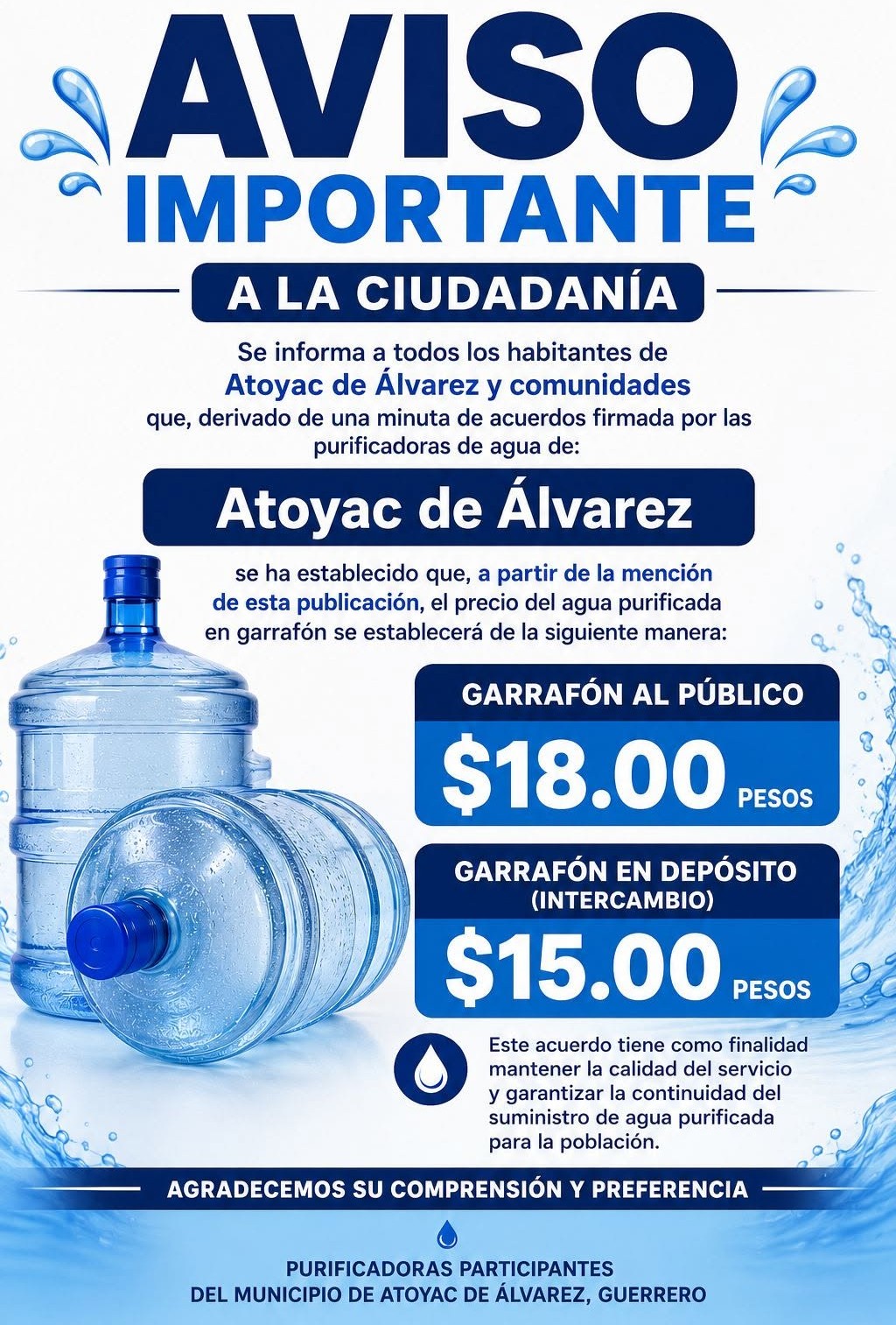 Aumenta precio del agua purificada en Atoyac; garrafón costará 18 pesos