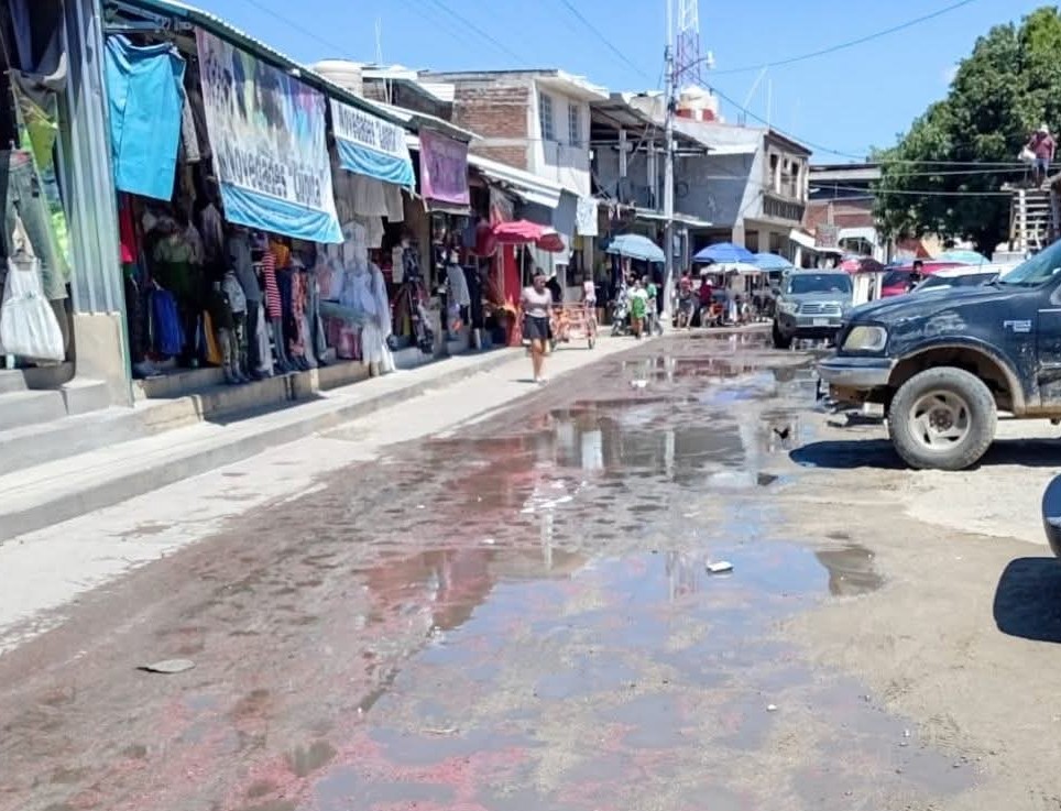 Persisten aguas residuales frente al mercado municipal de Tecpan; comerciantes piden atención urgente