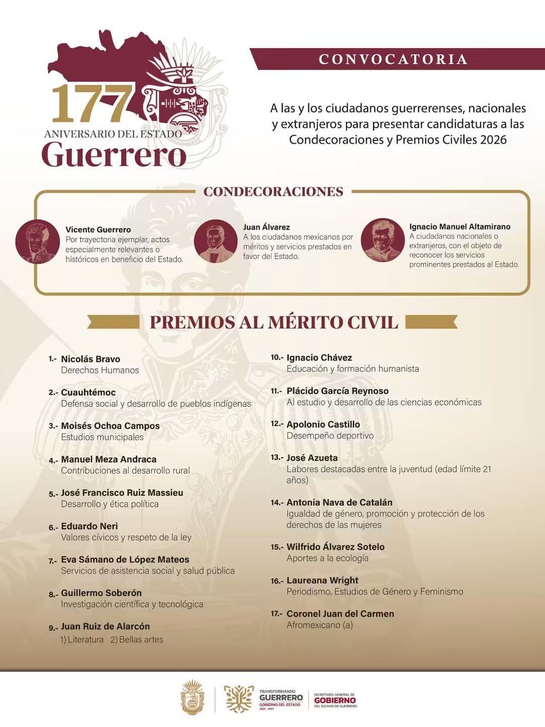 El gobierno de Guerrero abre convocatoria para las Condecoraciones y Premios al Mérito Civil 2026 